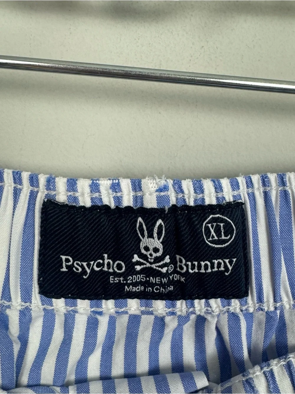 PSYCHO BUNNY | Blue White Stripe Boxer Style Shorts Neon Logo Men’s Size XL